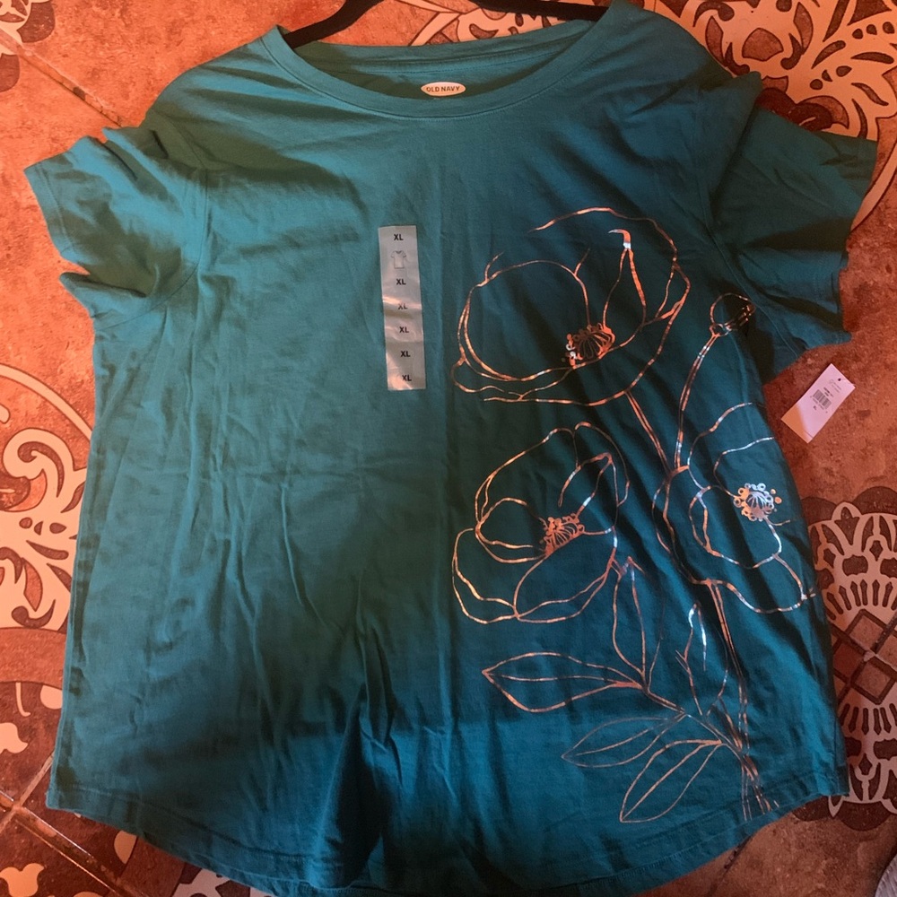 Teal Floral Embroidered T-Shirt